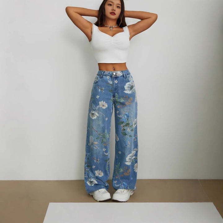 Jeans larges pour femmes avec design floral et taille haute Levoire
