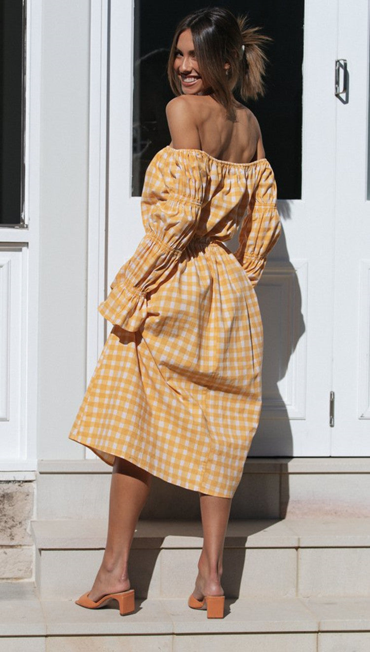 Robe midi femme à épaules dénudées avec motif à carreaux et taille élastique Levoire