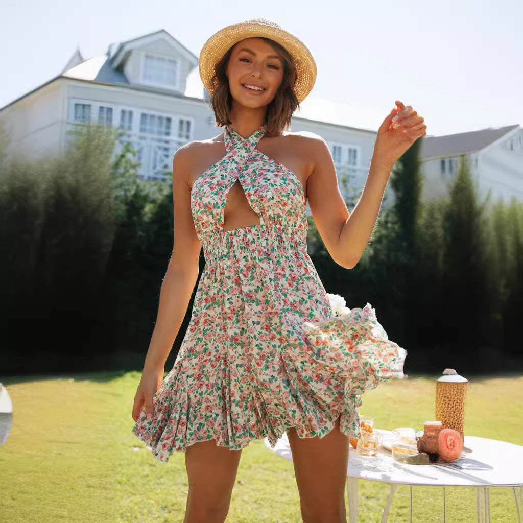 Robe d'été fraîche pour femmes avec encolure nouée ludique et ourlet à volants Levoire