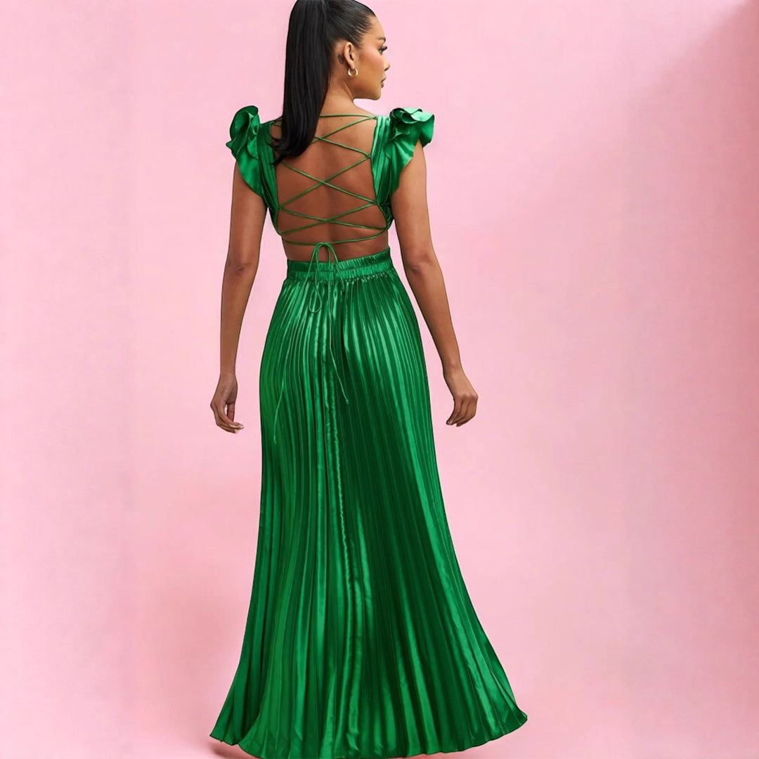 Robe Maxi Élégante Femme avec Décolleté en V Profond et Détails Volants Levoire