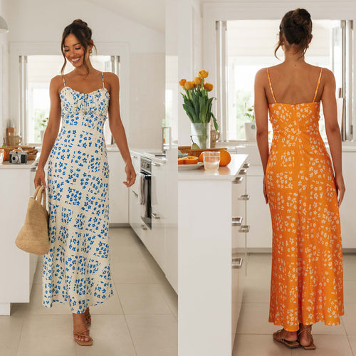 Robe Maxi Femme avec Bretelles Spaghetti Ajustables et Design Floral Levoire