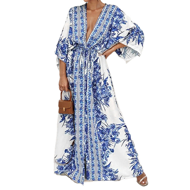 Robe maxi fluide pour femmes avec design floral et manches amples Levoire