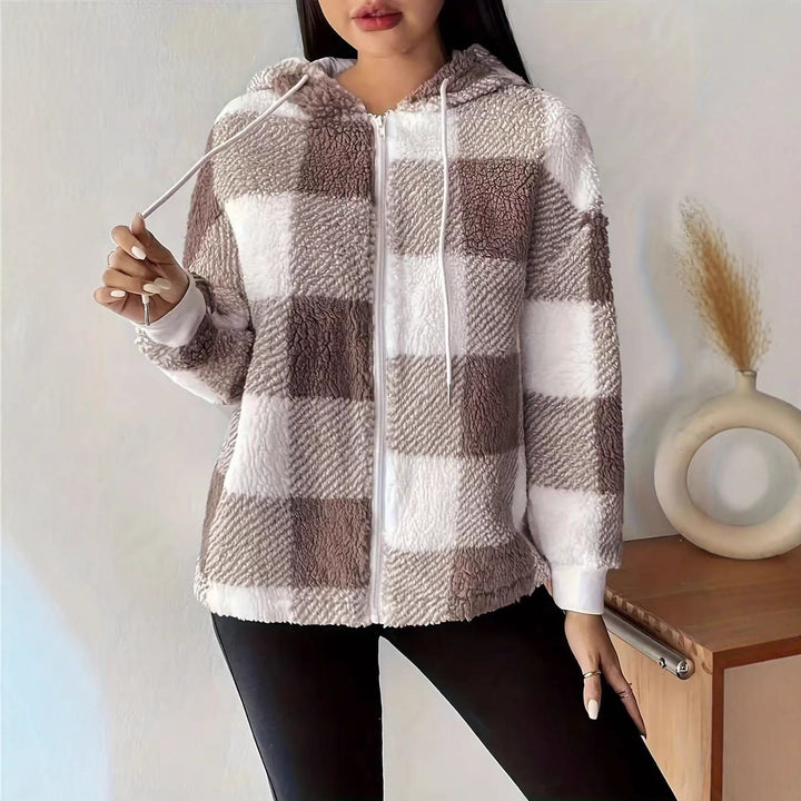 Veste de transition pour femmes en matériau teddy doux avec motif tartan Levoire