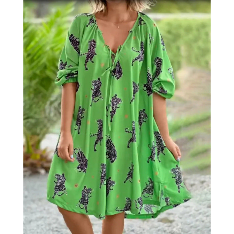Levoire | Robe plus décolleté en V à manches courtes Robe imprimée Vert