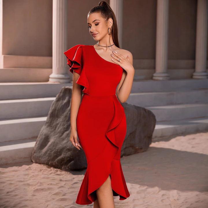 Robe Midi Femme avec Volants et Design Asymétrique Levoire