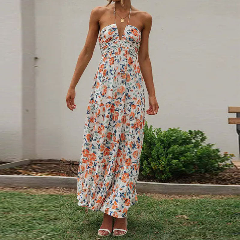 Robe maxi femme avec décolleté en V profond et gathering romantique Levoire