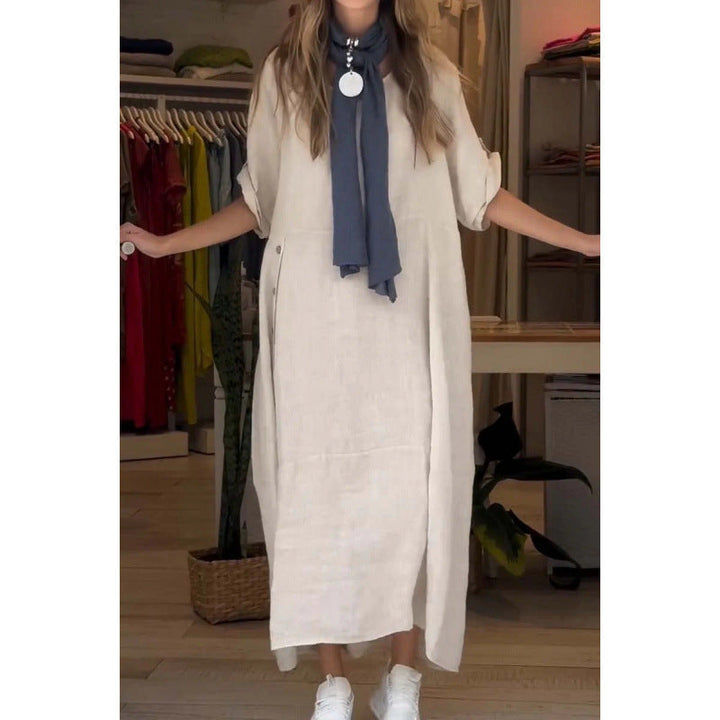 Levoire | Robe en coton-lin à manches courtes unie relaxante et ample Abricot