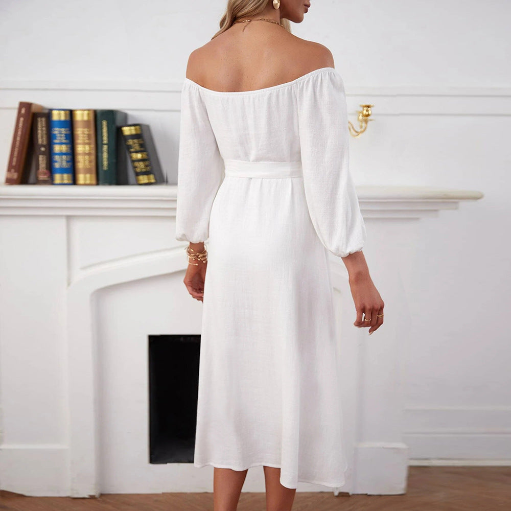 Robe maxi femme à épaules dénudées et boutons décoratifs Levoire