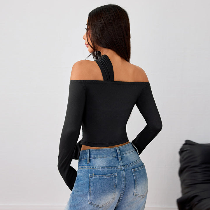 Haut asymétrique croisé pour femmes avec un design à halter à la mode et des fronces élégantes Levoire