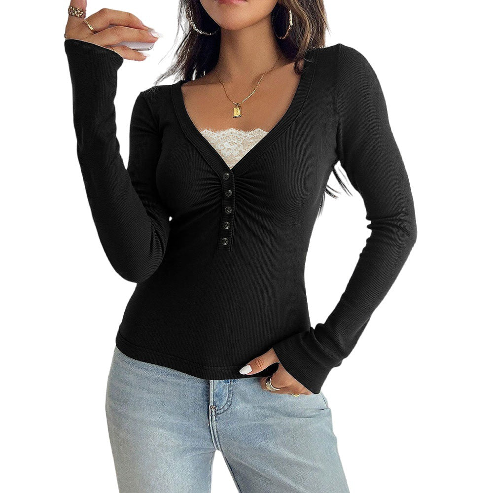 Chemise à manches longues pour femmes avec un décolleté en V à la mode et un design à boutons Levoire