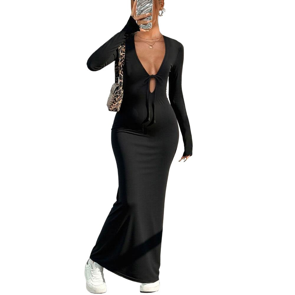 Robe maxi pour femmes avec décolleté en V profond et fermeture à nœud stylée Levoire