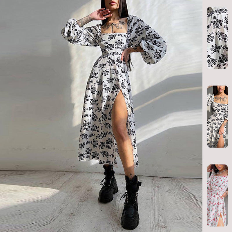 Robe maxi à manches longues pour femmes avec volants et motif floral Levoire