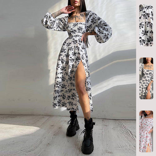 Robe maxi à manches longues pour femmes avec volants et motif floral Levoire