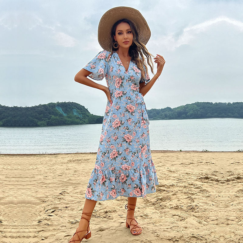 Robe Maxi Romantique pour Femmes avec Design Floral et Ourlet Volant Levoire