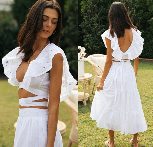 Robe d'été évasée pour femme avec col froncé décoratif et lacets dans le dos Levoire
