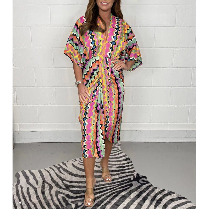 Levoire | Robe chemise élégante à imprimé décolleté en V taille haute Modèle 1