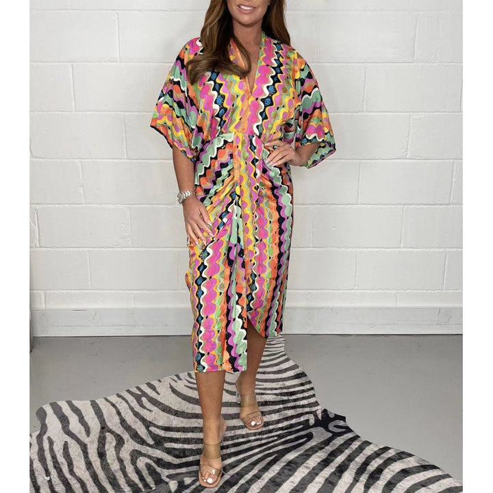 Levoire | Robe chemise élégante à imprimé décolleté en V taille haute Modèle 1