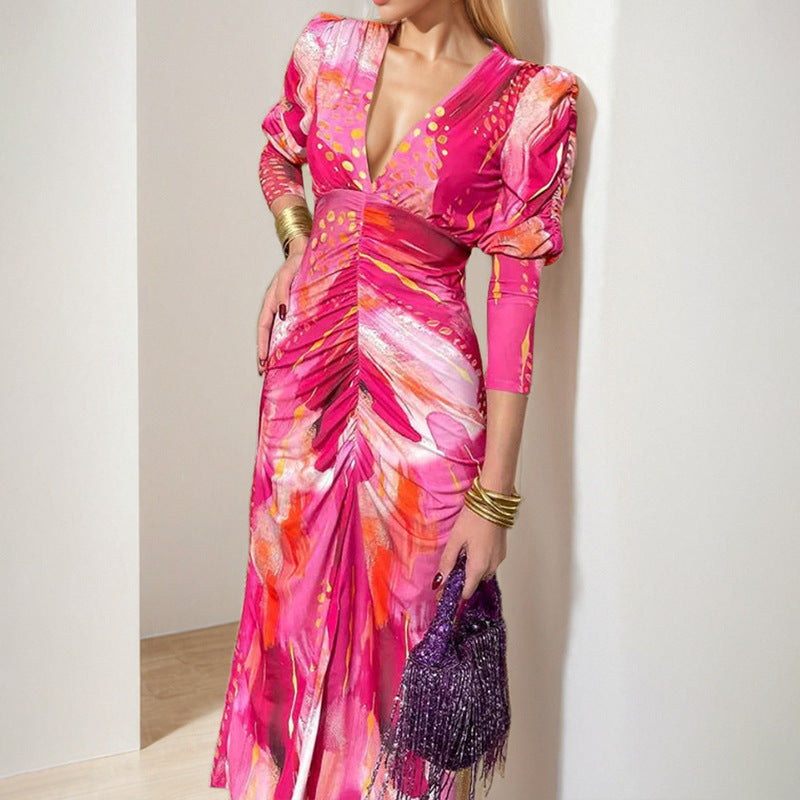 Robe maxi pour femmes avec un élégant décolleté en V et des manches bouffantes luxueuses Levoire