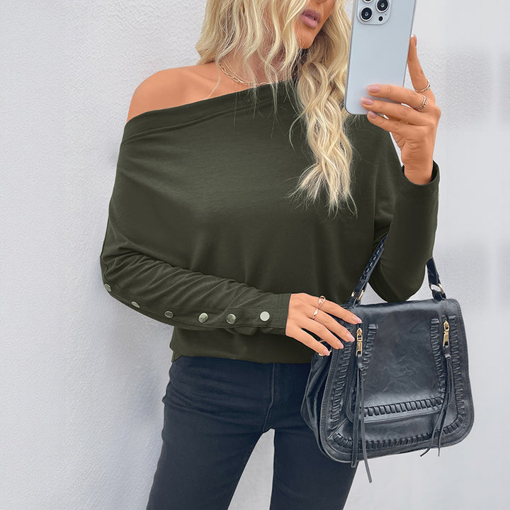 Chemise pour femmes à manches longues surdimensionnée avec encolure asymétrique et détails de boutons fins Levoire