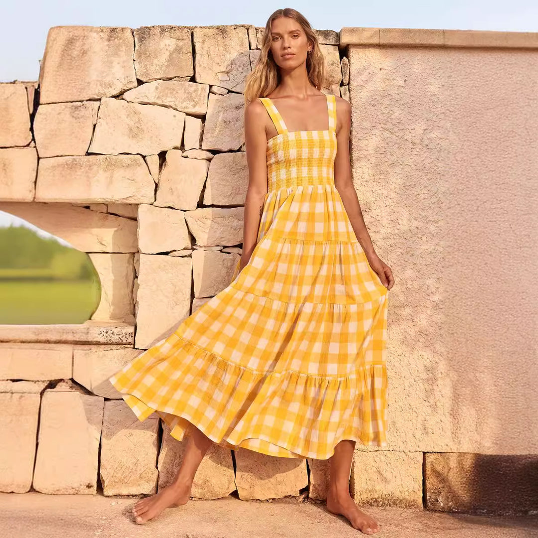 Robe maxi d'été pour femme avec motif à carreaux et coupe fluide Levoire