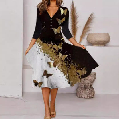 Levoire | Robe à imprimé élégant à manches trois-quarts et col en V papillon