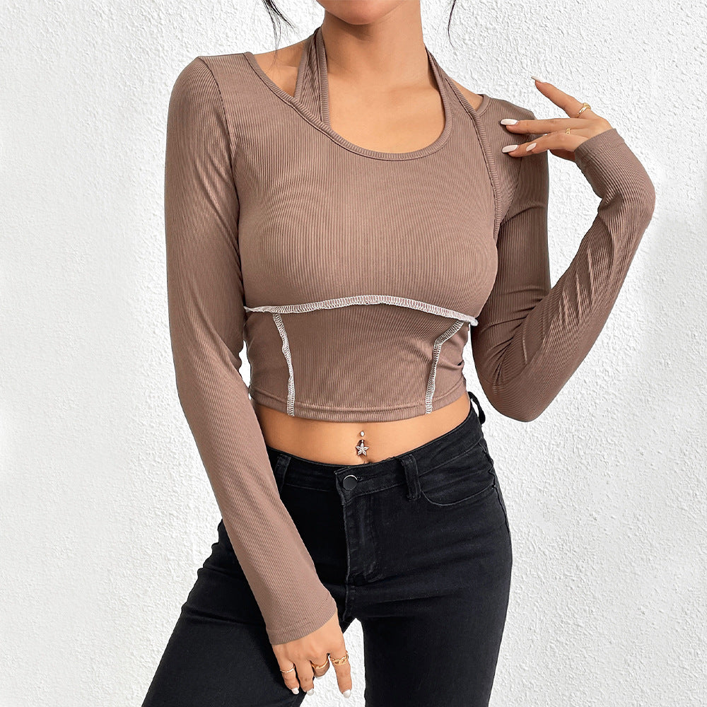 Chemise à manches longues cropped pour femmes avec un design élégant en torsion et des accents de couleur Levoire
