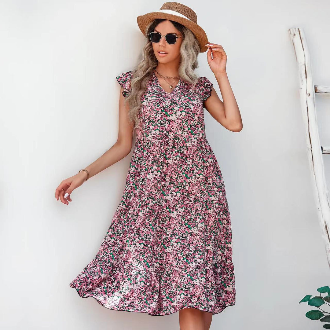 Robe évasée pour femmes avec des manches voluminées à volants et des détails floraux Levoire