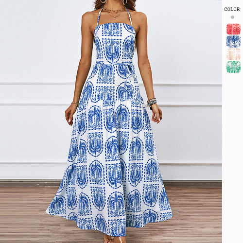 Robe maxi femme avec imprimé graphique fin et col halter ajustable Levoire