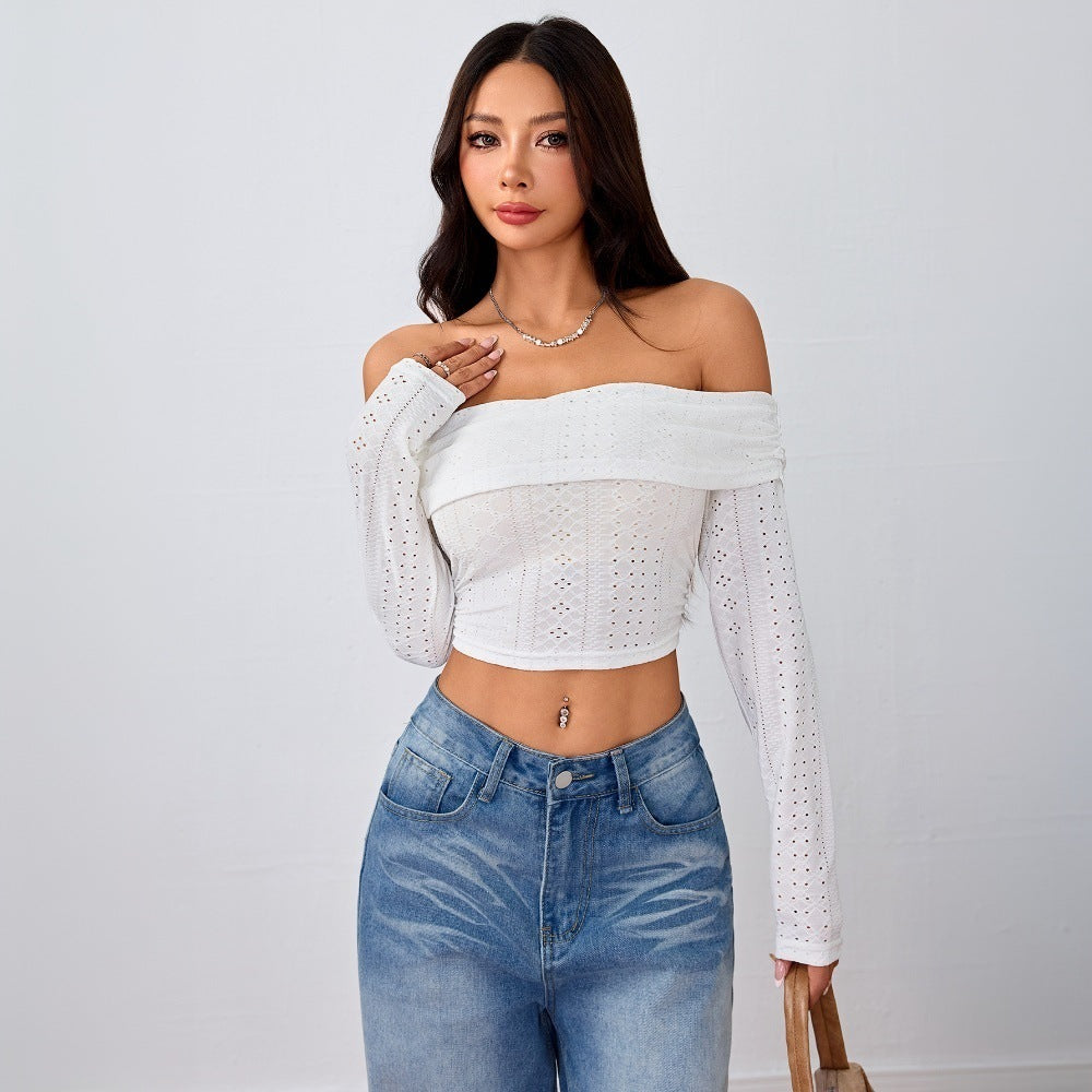 T-shirt court décolleté plongeant pour femmes avec manches bouffantes longues et structure en dentelle élégante Levoire