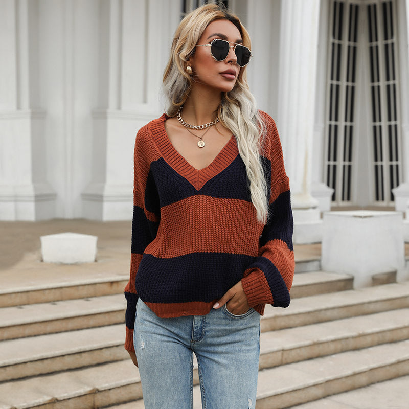 Pull en tricot surdimensionné pour femme avec encolure en V et rayures bloquées Levoire