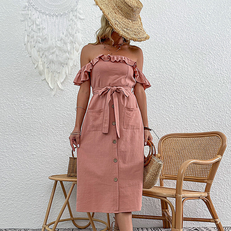 Robe midi à épaules dénudées pour femmes avec détails en volants et ceinture à nouer Levoire