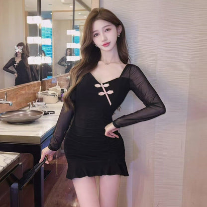 Levoire | Sexy Réseau Manche Longue Robe Bodycon en Coton