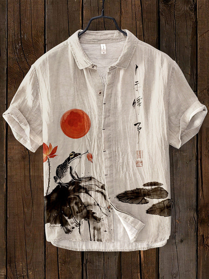 Levoire | Chemise Japonaise En Lin Mélangé Grenouille rouge et lever de soleil