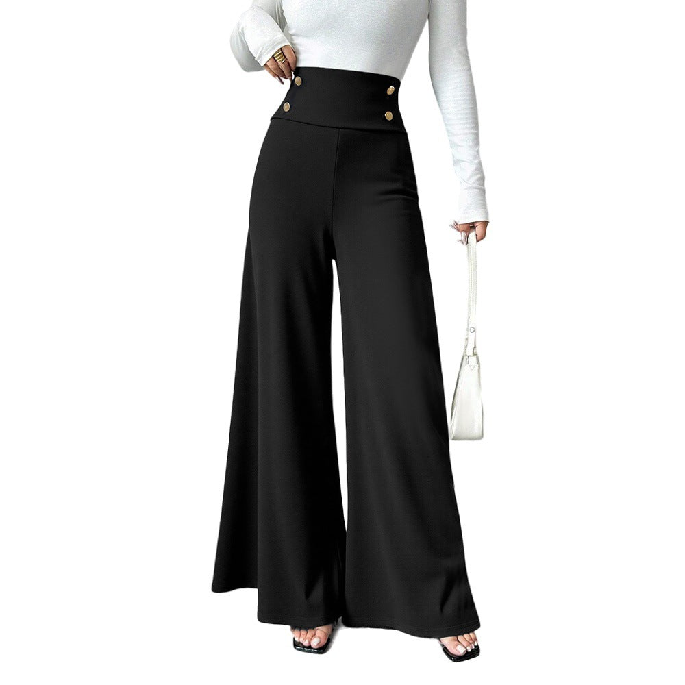 Pantalons Palazzo larges pour femmes avec taille haute et détails de bouton décoratif Levoire