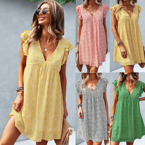Robe décontractée pour femmes avec manches voluminous à volants et col en V Levoire