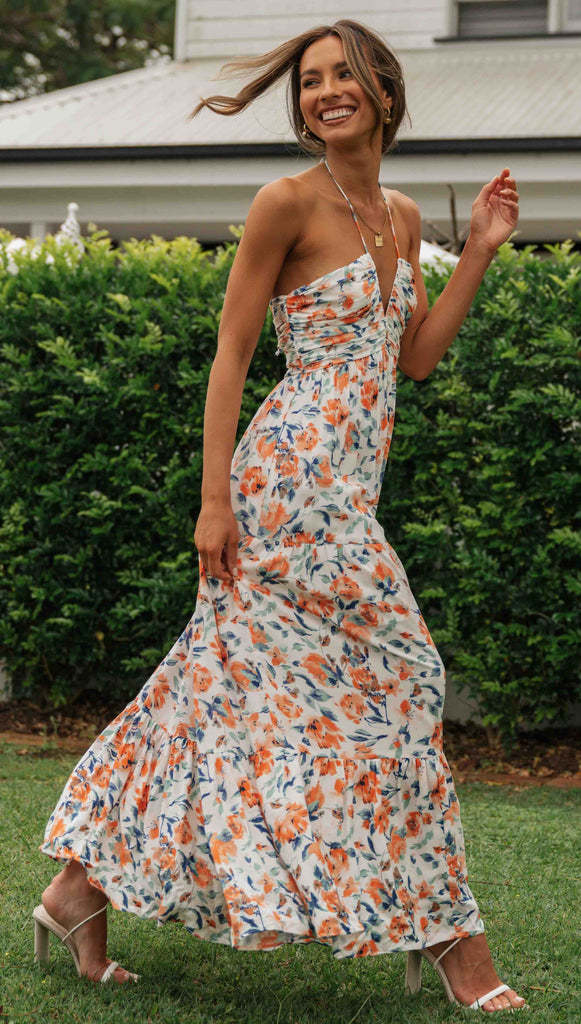 Robe maxi femme avec des imprimés floraux délicats et des bretelles spaghetti réglables Levoire