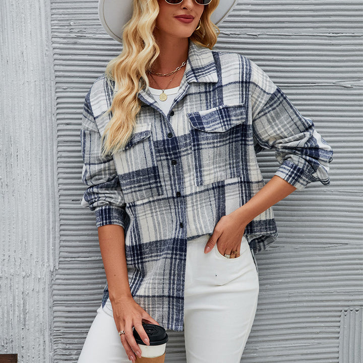 Blouse Carreauté Décontractée Femme en Flanelle Douce avec Patte de Boutonnage Levoire