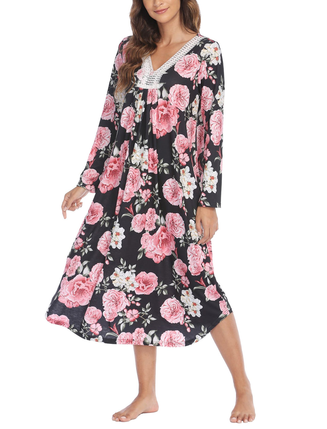Levoire | Robe de nuit imprimée en nappe en dentelle Fond noir rose bouteille rose fleur