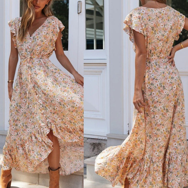 Robe maxi femme avec un délicat imprimé floral et des détails en volants Levoire