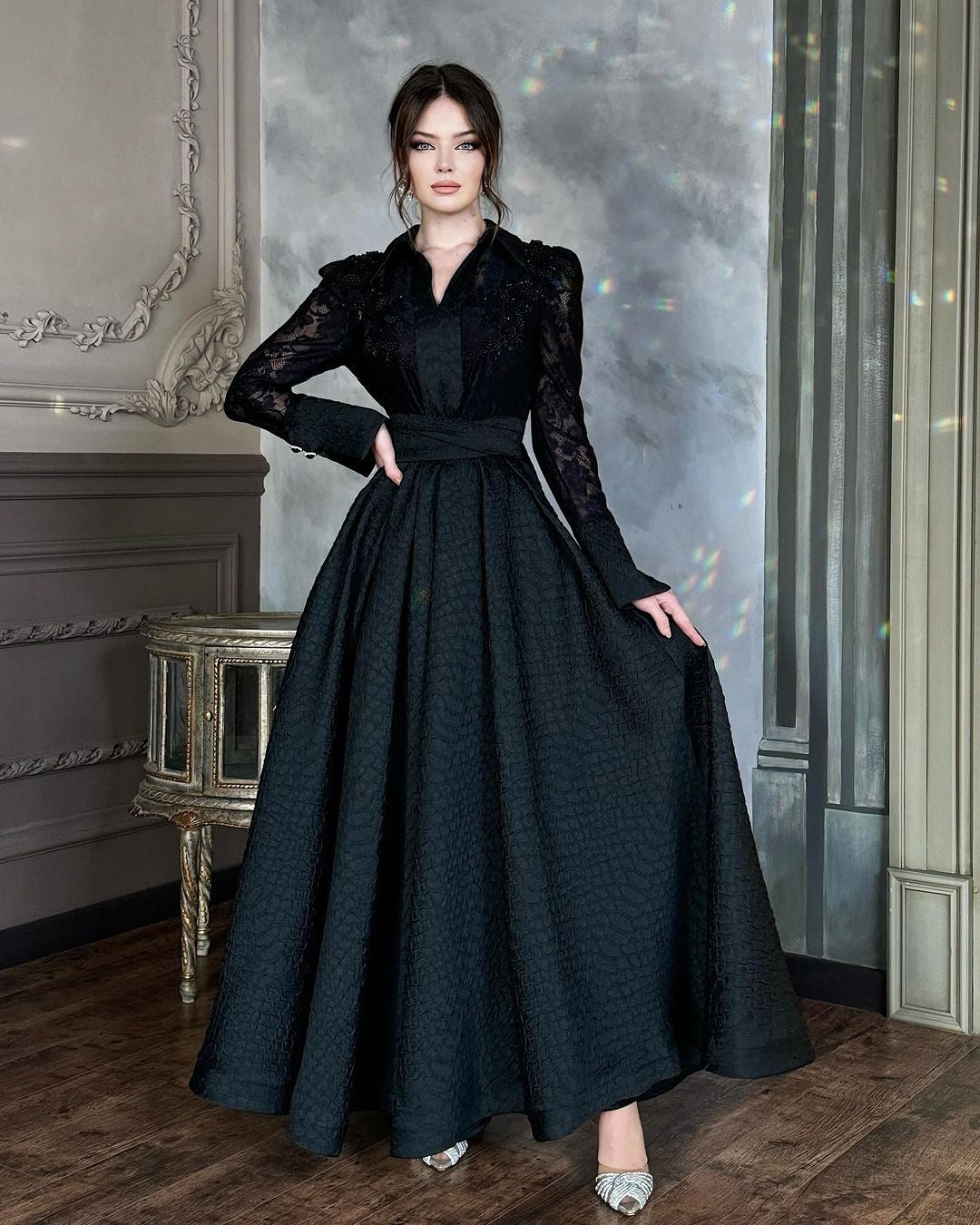 Levoire | Élégant Vintage Robe Longue à Manches Slim noir