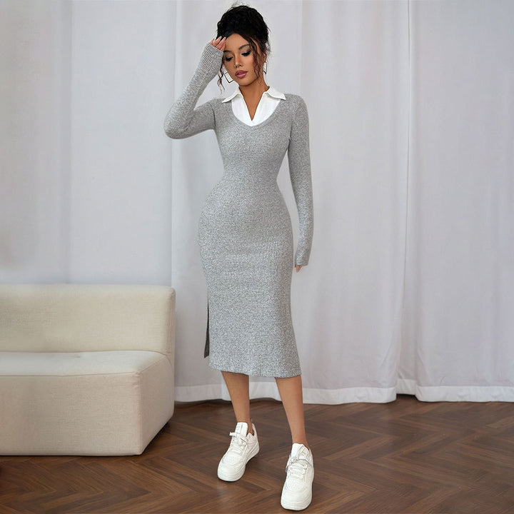 Robe longue ajustée pour femmes avec col polo tendance et fente sur le côté Levoire
