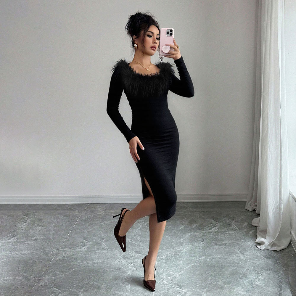 Robe midi pour femme avec décoration en plumes élégante et fente sur le côté Levoire