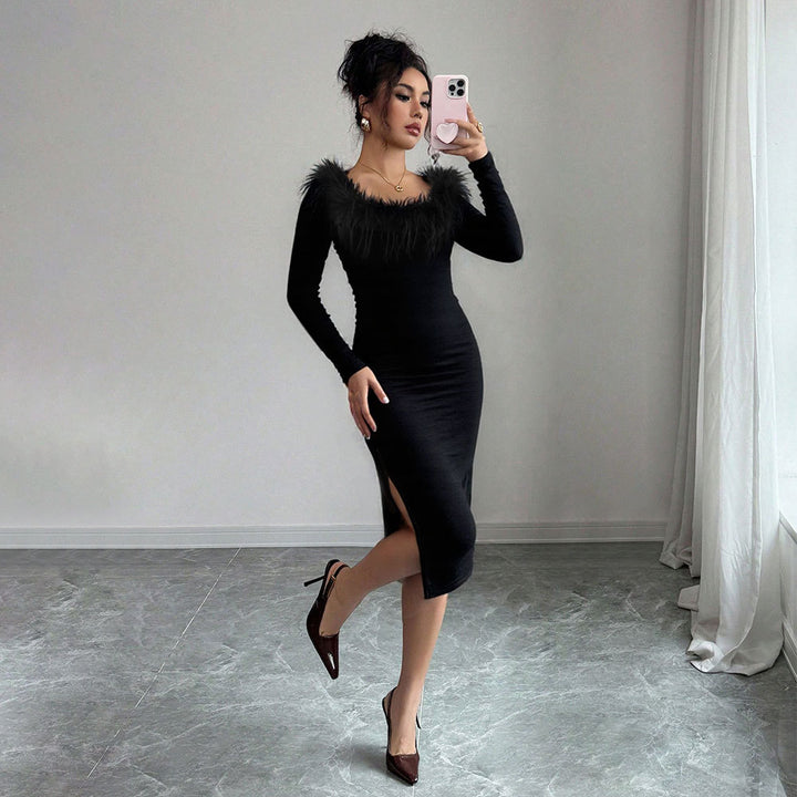 Robe midi pour femme avec décoration en plumes élégante et fente sur le côté Levoire