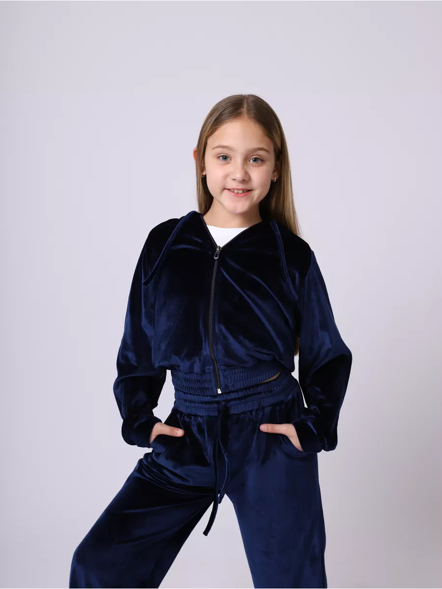 Levoire | Confortable ensemble de sport pour filles en chapeau en velours et sweat-shirt Bleu cobalt