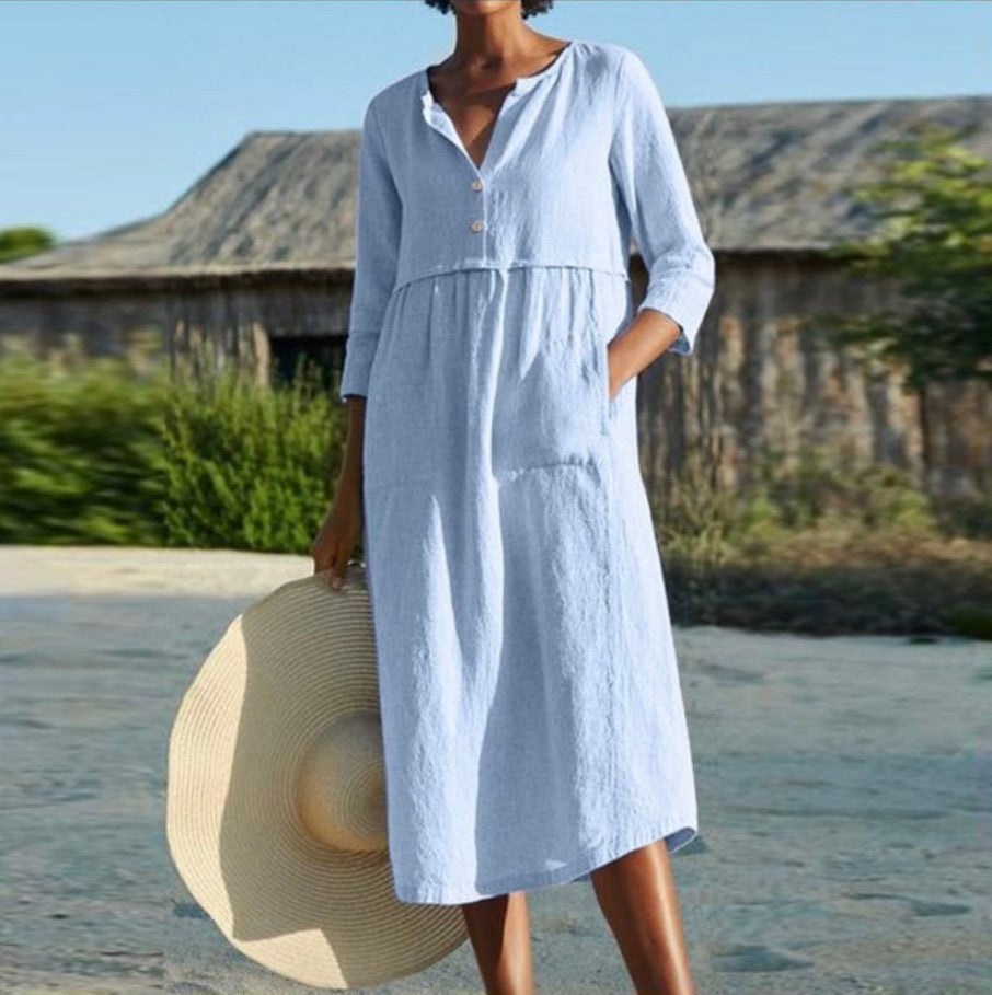 Levoire | Robe à sac Coton-lin À manches mi-longues Robe Bleu clair