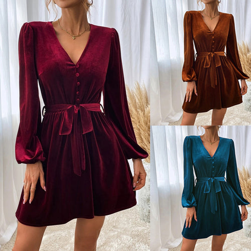 Robe en velours pour femme avec décolleté en V profond et ceinture à la taille Levoire
