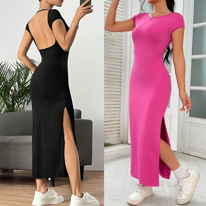 Robe maxi femme en jersey extensible avec une coupe ajustée et un col rond Levoire