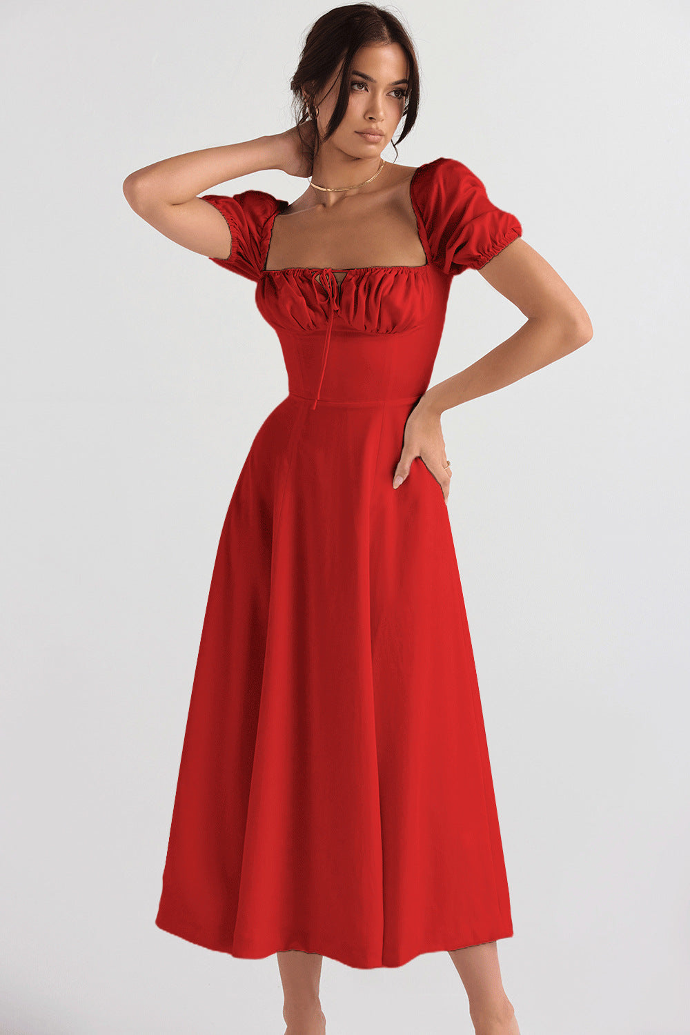 Robe Midi Élégante Femme avec Manches Bouffantes et Encolure Raffinée Levoire