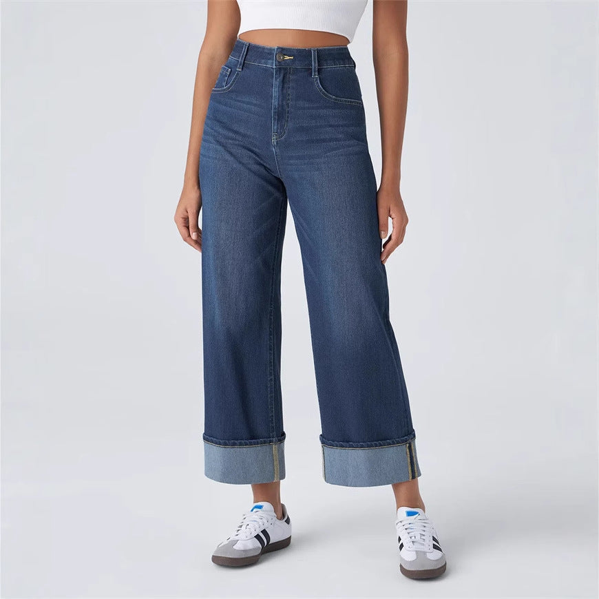 Pantalons en denim à large coupe pour femmes avec ourlet à revers Levoire