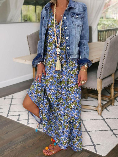 Levoire | Robe Longue Avec Décolleté En V Et Imprimé Bohème Bleu